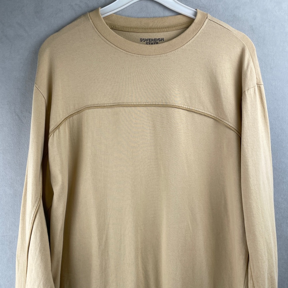 Sovereign State Mens Tan Cotton Long Sleeve T-Shirt Size L Curved Yoke Detail - Picture 3 of 8